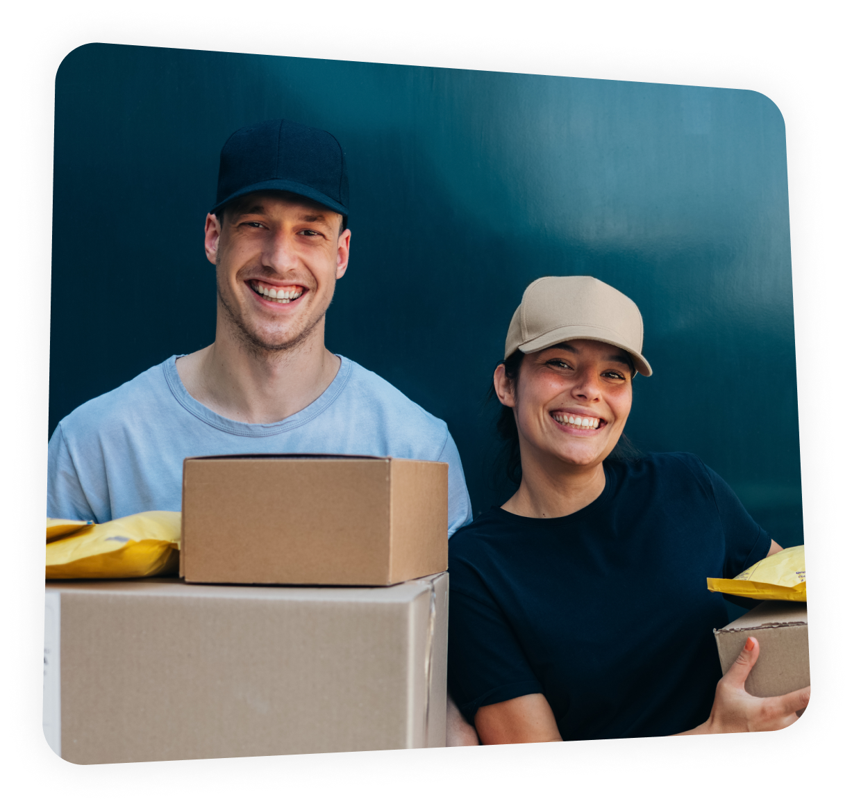 Woman and man holding packages